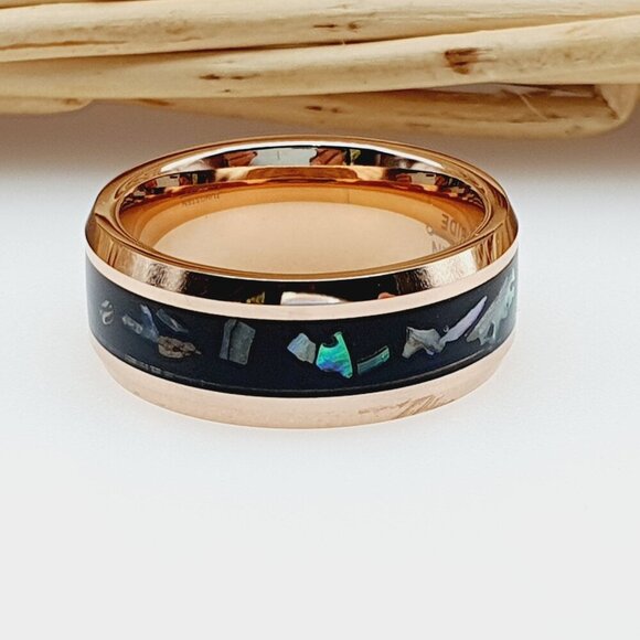 "Black Resin & Abalone Shell Inlay Rose Gold Tungsten Wedding Band, GALTUN923 - Picture 5 of 5